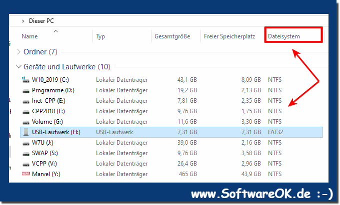 Die Dateisystem Spalte unter Windows 10 um die Formatierung zu erkennen!