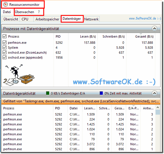 Zugriffe auf der Festplatte berwachen im Ressourcen-Monitor!