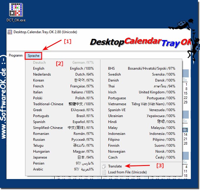 Im Desktop Kalender die Sprache umstellen auf MS Windows OS!