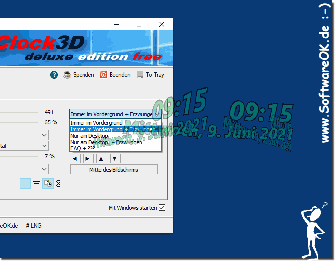 3D Desktop Uhr im Vordergrund und Hintergrund unte MS Windows OS!