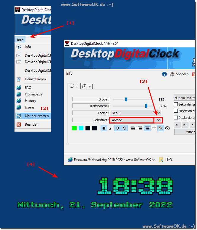 Auf  die neue LCD Schrift die Desktop Uhr umstellen!