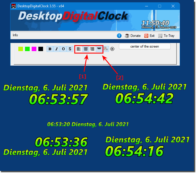 Zeitanzeige, Datumsanzeige, rechts, links, nebeneinander am Desktop!