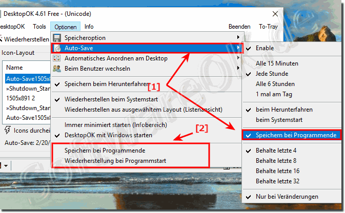Bei Programmende die Desktop Icons speichern!