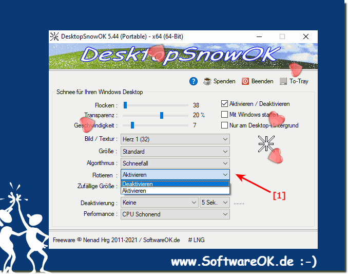 Fallende und Rotierende die Herzen am Windows Desktop!