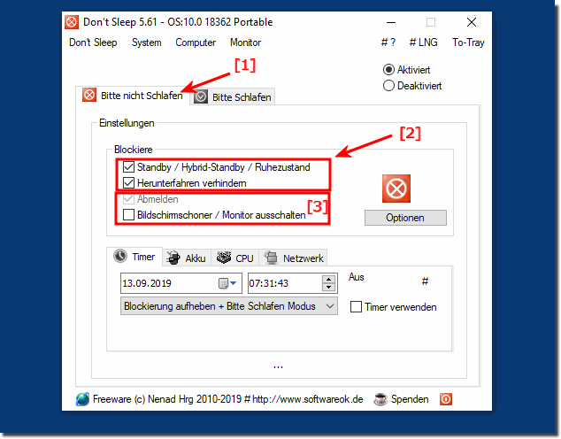 Verhindern, dass der Computer in den Energiesparmodus wechselt, der Bildschirm jedoch nicht!