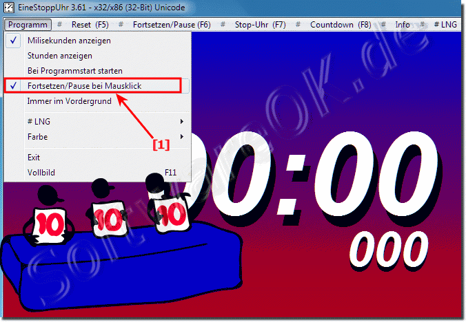 Countdown bei Mausklick anhalten, fortsetzen!