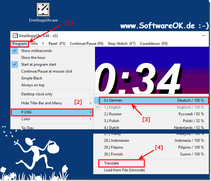 In der Stoppuhr die Sprache auf MS Windows umstellen!