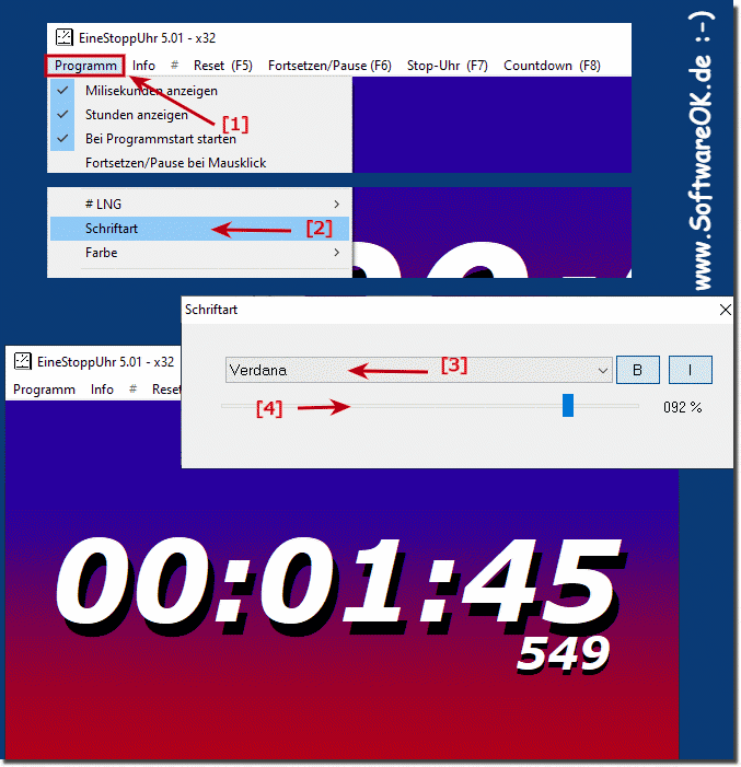 Schriftart oder Schriftgröße der Stoppuhr auf MS Windows ändern!