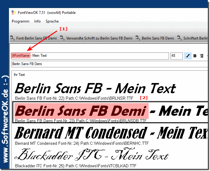 Zum Beispieltext den Schriftart Namen anzeigen!