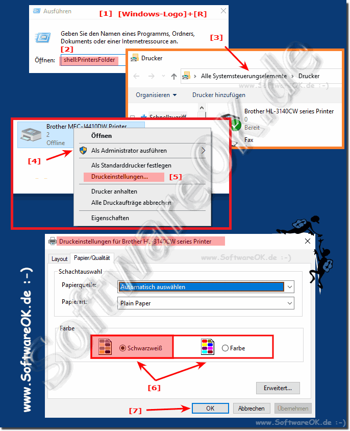 Umstellen Farbe-Druck auf Schwarz-Wei-Drucken unter MS Windows OS!