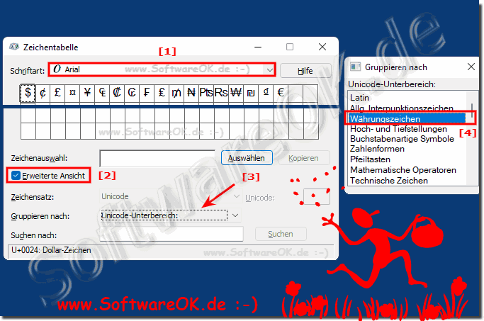 Zeichentabelle und Gruppierung nach Unicode Unterbereichen!