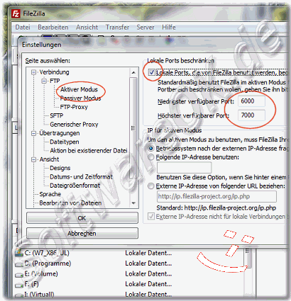 FTP-Clientmodus im FileZilla von Passiv auf Aktiven-Modus