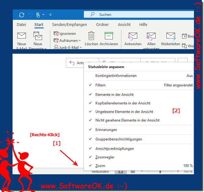 ndern Sie die Informationen in der Outlook-Statusleiste