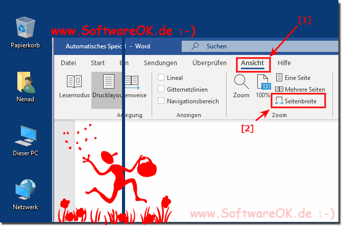 Beim Schreiben mit Word umstellen auf volle Seitenbreite!