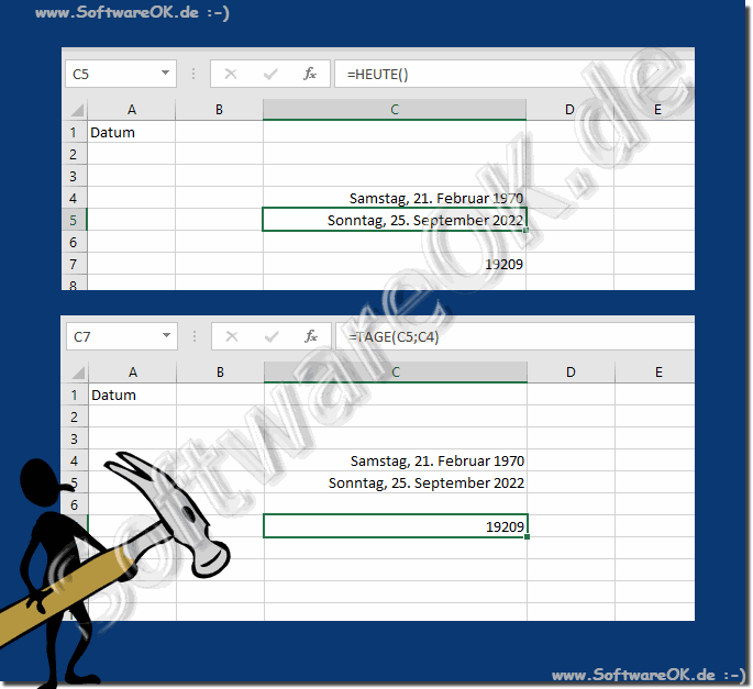 Schlichtes Beispiel Differenz in Tage mit Microsoft Excel!