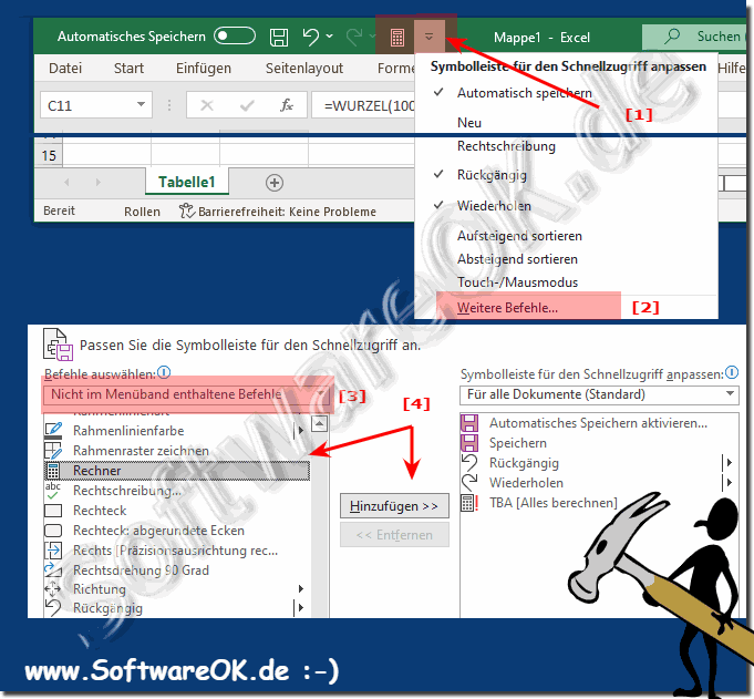 Taschenrechner zur Symbolleiste für den Schnellzugriff in Microsoft Office hinzufügen!