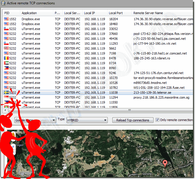 Anzeigen des Standorts der offenen TCP-Verbindungen zu meinem Computer!