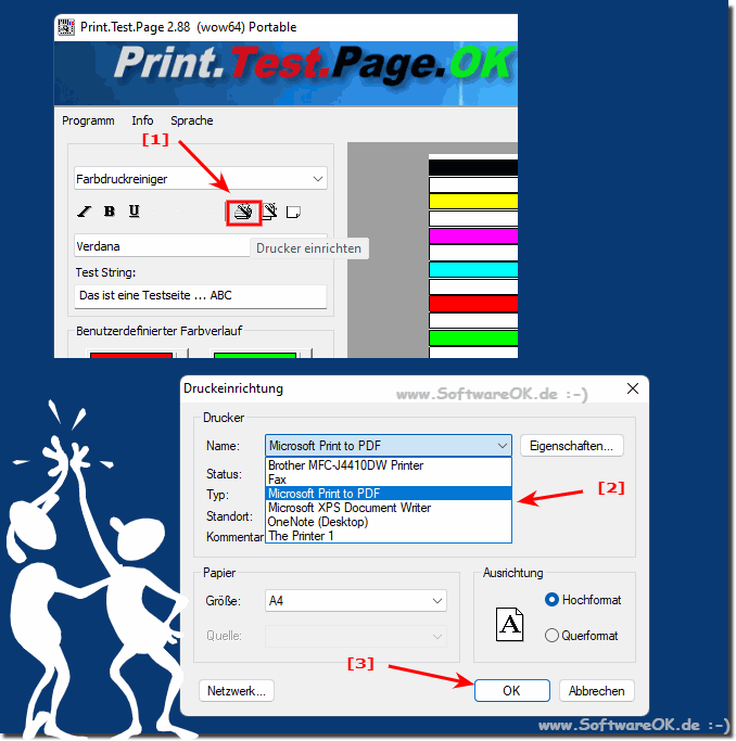 Drucker fr den Testseiten Druck auswhlen unter Microsoft Windows!