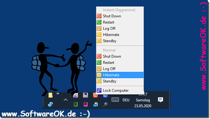 Shutdown, Neustart, Ruhezustand, Abmelden, Standby im Windows-Tray-Bereich!