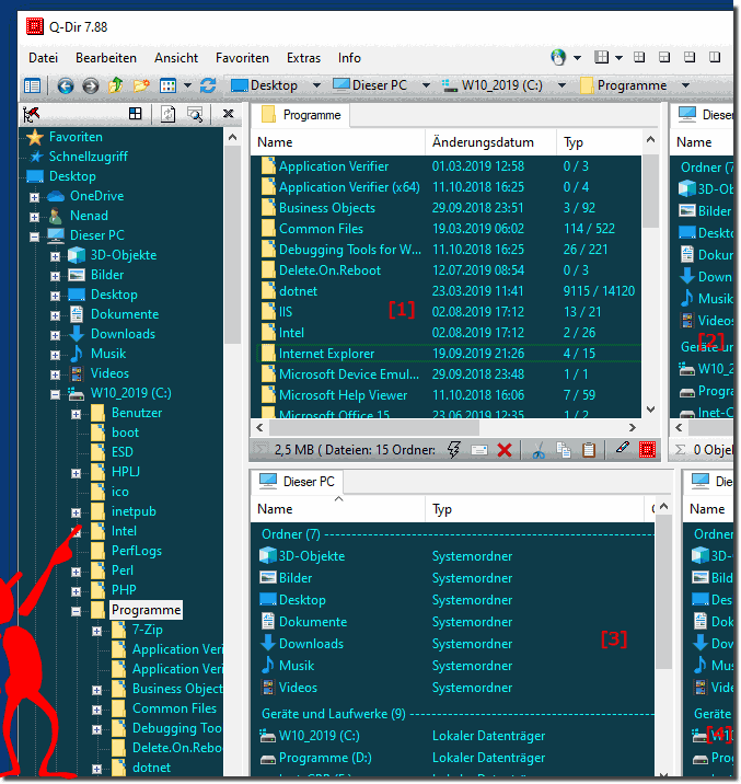 Ein Verzeichnisbaum für alle vier Listenansichten im Windows Quad Explorer