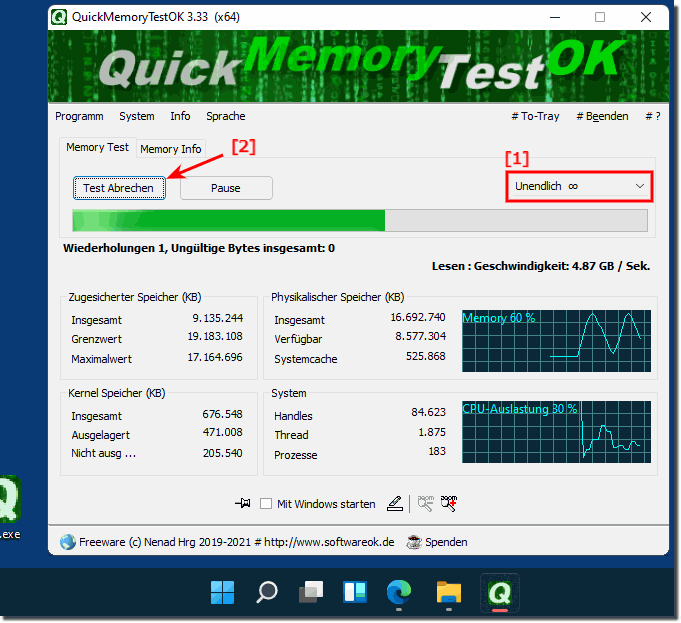 Einfach auf MS Windows 11 mit diesem Tool weiterhin den Arbeitsspeicher testen!