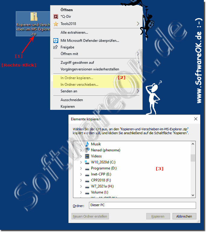 Verschieben oder Kopieren nach Ordner in MS Windows verwenden!