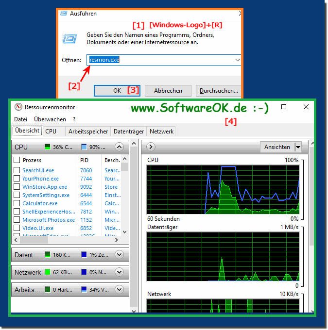 Ressourcen-Monitor unter Windows 10, 8.1, 7 starten!