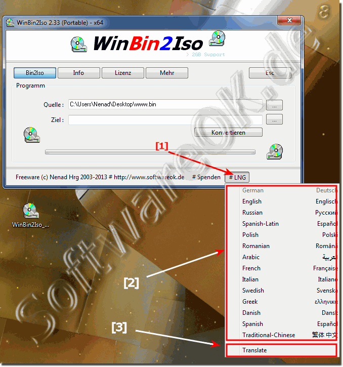 Wie kann ich in WinBin2Iso in mene Landessprache bersetzen!