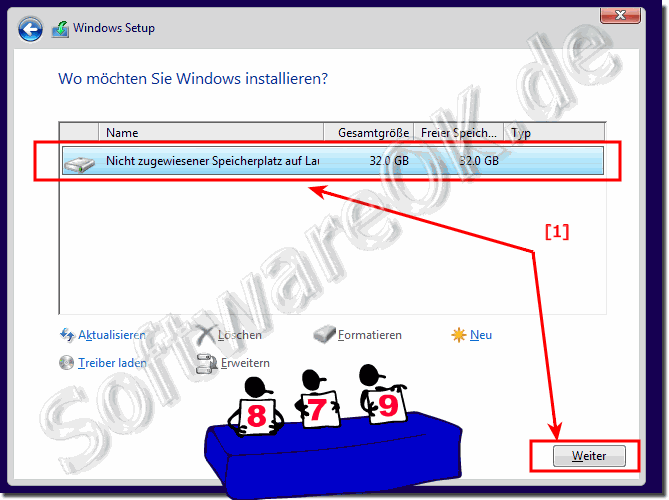 Auswahl der Partition fr die Installation von Windows-10!