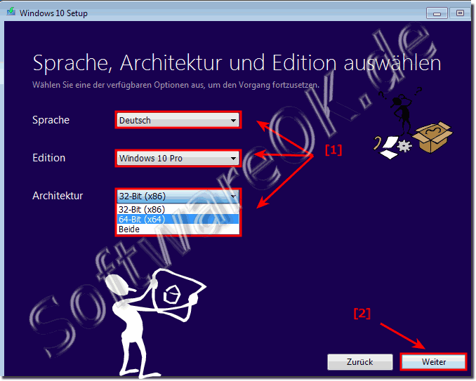 Auswahl der Windows 10 Sprache, und x64 oder x32 Architektur!