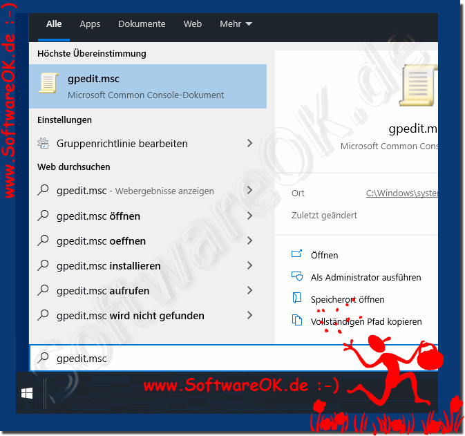 Gruppenrichtlinien-Editor über die Windows-10 Suche finden!