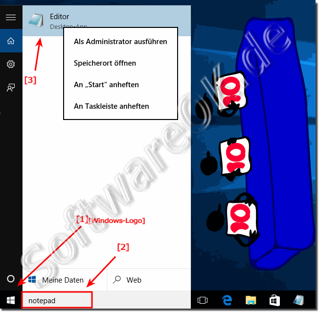 Notepad über das Windows-10 Suhfeld öffnen bzw starten!