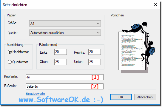 Notepad und der Seiten-Kopf unter Windows 10!