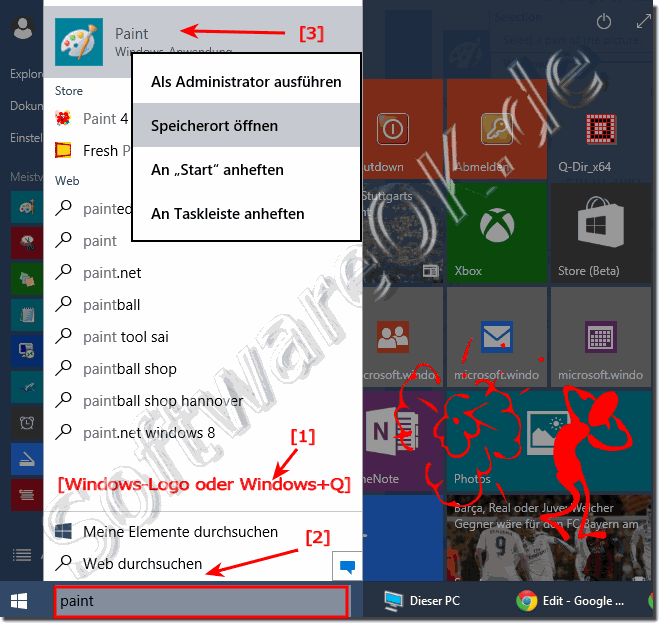 Paint ber die Windows 10 suche ffnen!