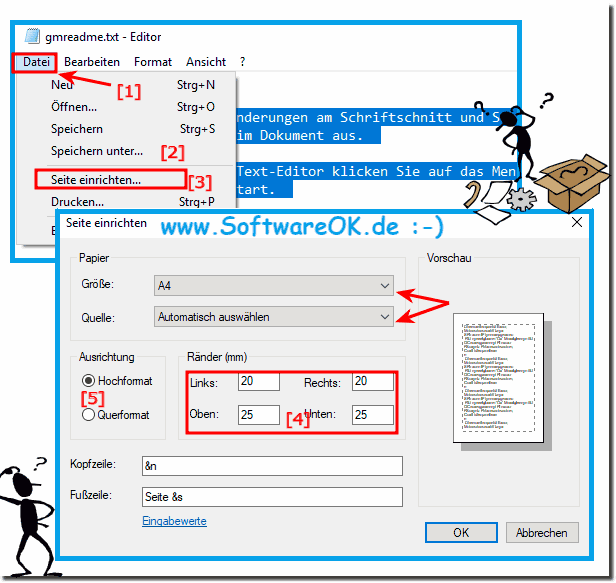 Site einrichten und Papierformat vor dem Ausdruck!