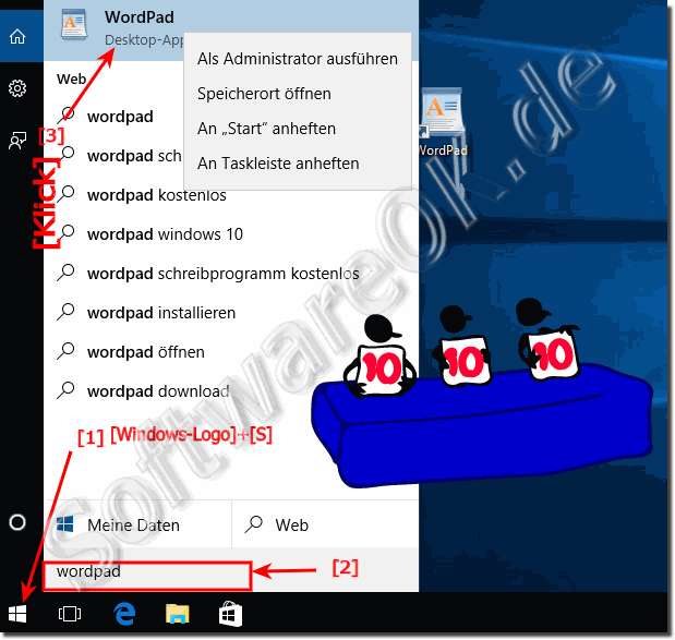 WordPad ber die Windows 10 Start Suche ffnen!