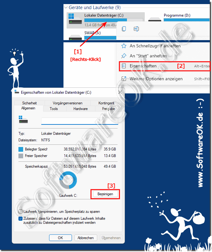 Datenträgerbereinigung der Festplatte C per Rechtsklick auf Windows 11!