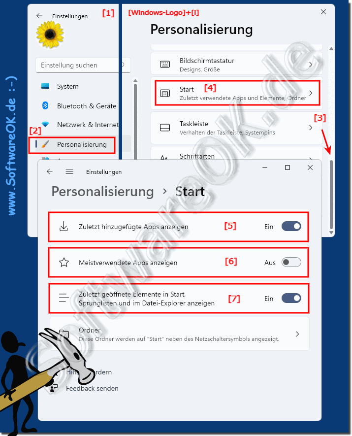 Die verwendete Dateien und Ordner im Startmen von Windows 11?