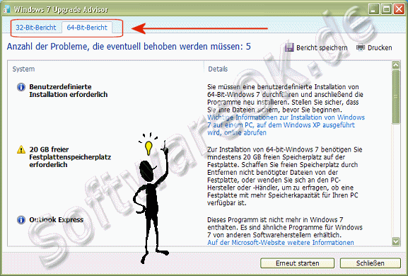 Der 32-Bit und 64-Bit Windows 7 Upgrade Advisor Bericht