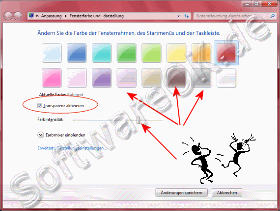 Windows-7 Fensterrahmen Transparenz und Farbe