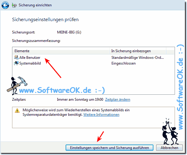 Windows-7, Einstellungen speichern und Sicherung ausfhren
