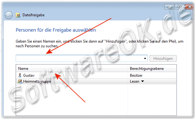 In Windows 7 Netzwerk bestimmte Personen für die Freigabe auswaehlen!