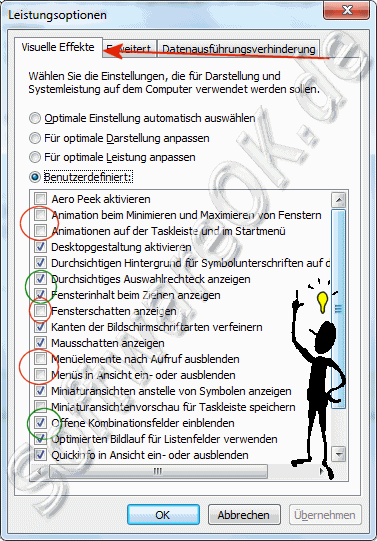 Win-7 Whlen Sie die Einstellungen, die fr Darstellung und Systemleistung auf dem Computer verwendet werden sollen.