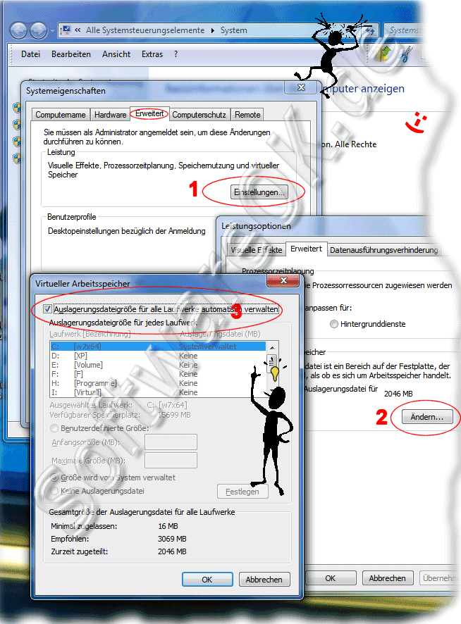 Systemeigenschaften Leistungsoptionen virtueller Arbeitsspeicher in Windows 7