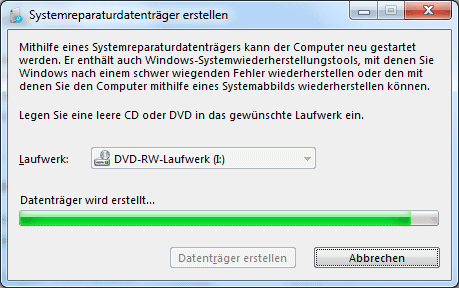 Windowes-7 Systemreparaturdatentrger Fortschrittsanzeige