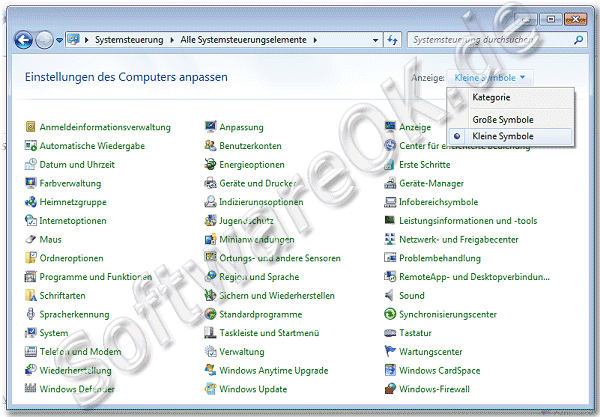 Systemsteurung Windows 7 Ansicht:Kleine Symbole
