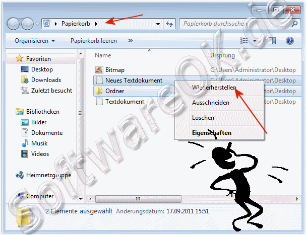 Wiederherstellen von Dateien aus dem Windows 7 Papierkorb