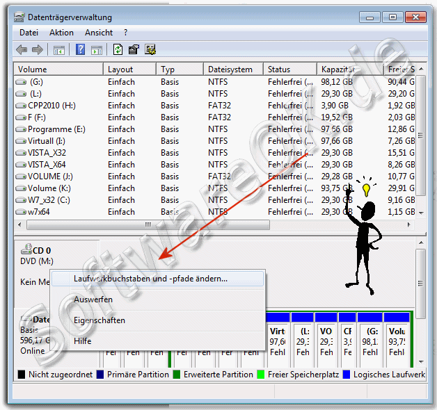 Windows-7 Laufwerkbuchstaben und -pfade bei DVD-ROM und CD-ROM Laufwerken ndern