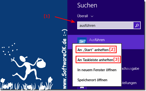 Ausfhren-Dialog auf der Windows 8 Taskleiste oder Win-8 Start (Men) anheften (Pin)