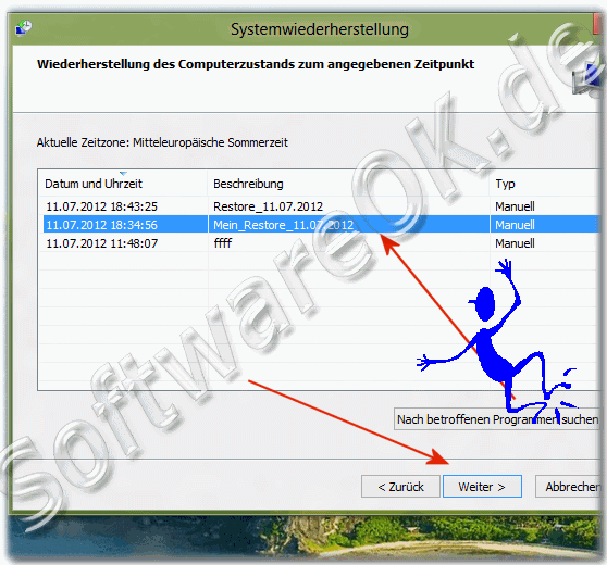 Auswahl vom Wiederherstellungspunkt in Windows-8